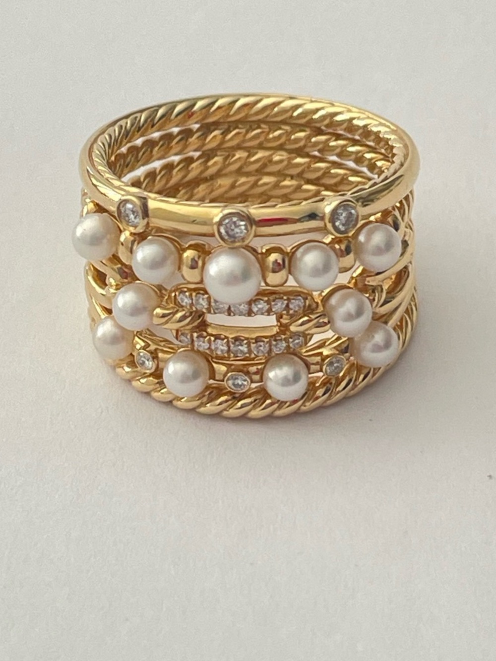 David Yurman 18k Petite Perle Pearl & Diamond Five Row Stax Ring - Picture 3 of 11